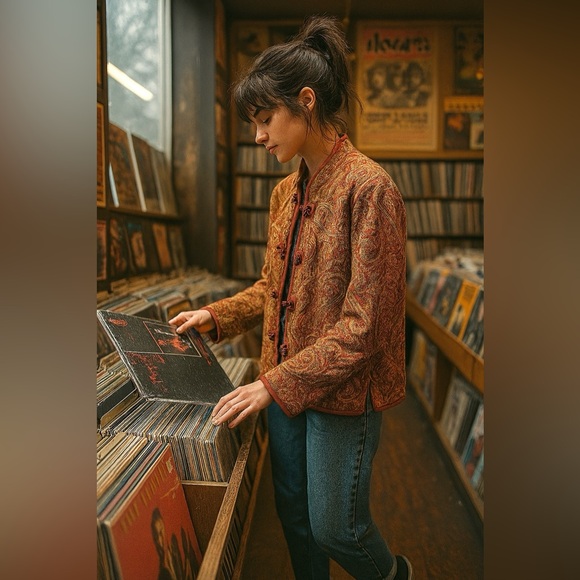 Vintage tapestry jacket with drawstring neckline and ornate wooden buttons - Picture 17 of 17